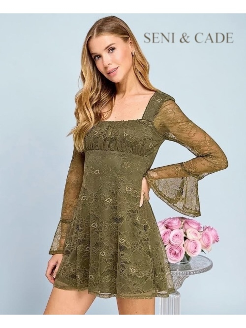 NWT Seni & Cade Olive Green Floral Lace Fit & Flare Dress